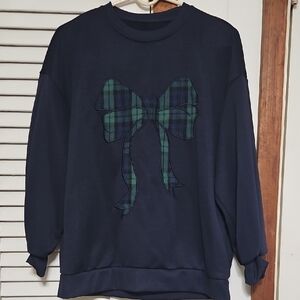 Navy Blue Sweatshirt with Plaid Bow Design